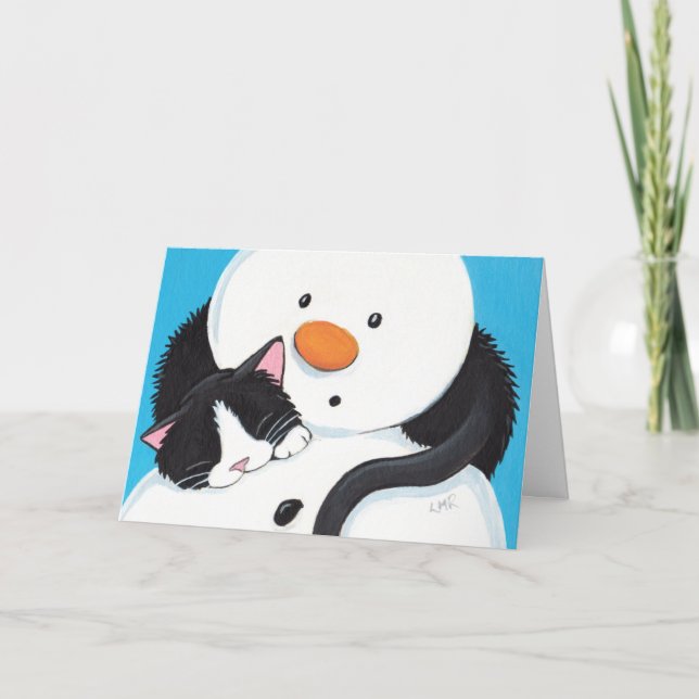 Tarjeta de gato y Navidad de muñeco de nieve espel (Anverso)
