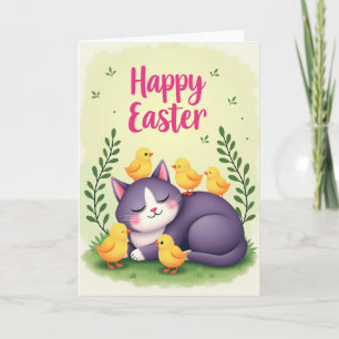 Tarjeta de gato y pájaros amistosos