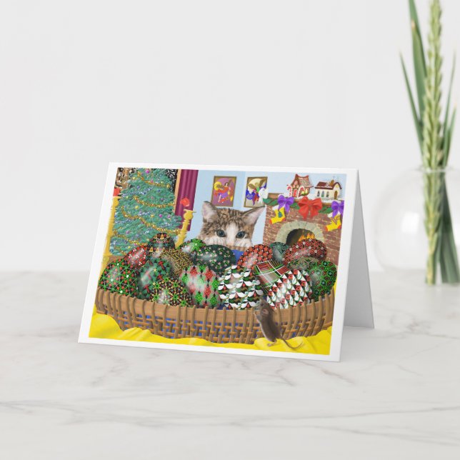 Tarjeta de gato y ratón para Navidades de huevos d (Anverso)