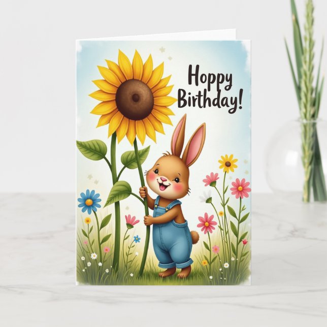 Tarjeta de girasol de conejito alegre (Anverso)