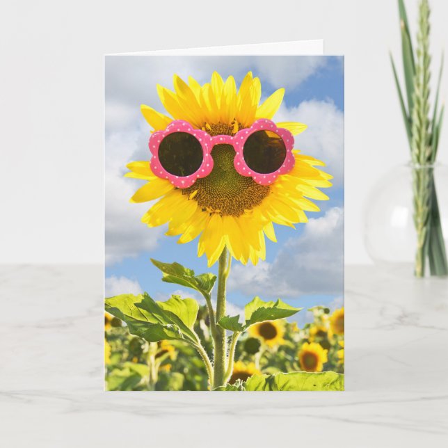 Tarjeta de girasol de cumpleaños con gafas de sol (Anverso)