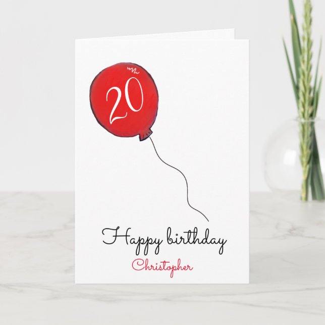 Tarjeta de globo rojo de cumpleaños 20 (Anverso)