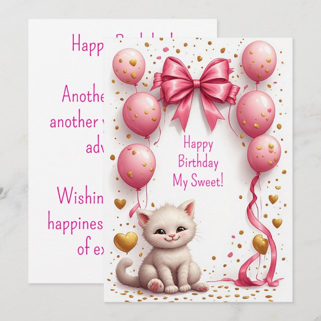 Tarjeta de globo rosa de gatito adorable 🐱 (Anverso / Reverso)
