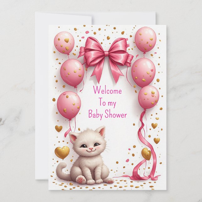 Tarjeta de globo rosa de gatito adorable 🐱 (Anverso)