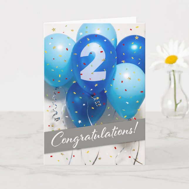 Tarjeta de globos azules de 2º aniversario para em (Planta pequeña)