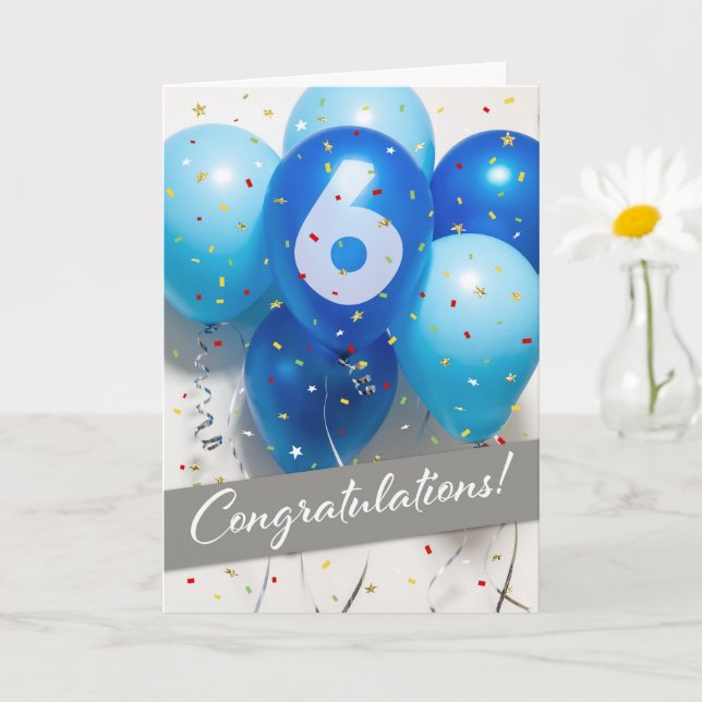Tarjeta de globos azules de 6º aniversario para em (Planta pequeña)