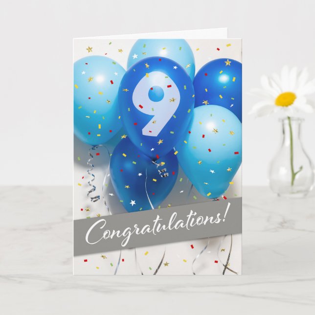 Tarjeta de globos azules para el noveno aniversari (Planta pequeña)
