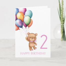 Tarjeta de globos de 2º cumpleaños Teddy Pink