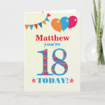 Tarjeta de globos de Bunting de cumpleaños 18 con<br><div class="desc">Una tarjeta de cumpleaños colorida para un niño de 18 años para que personalizar con un nombre. El gran número 18 está lleno de un patrón naranja, rojo y azul, delineado en azul brillante. En la parte superior hay globos y racimos, con colores que coinciden y el saludo de la...</div>