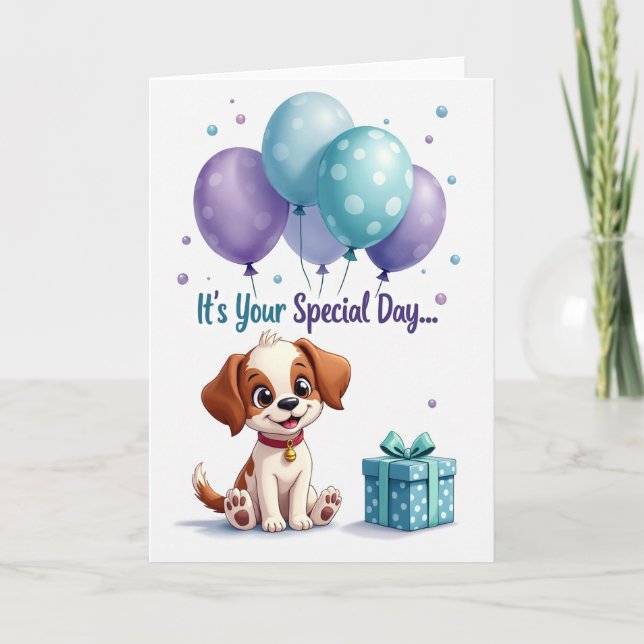 Tarjeta de globos de cumpleaños de cachorro (Anverso)