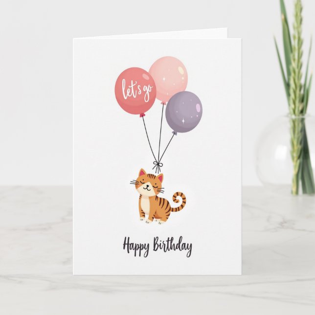 Tarjeta de globos de cumpleaños de gato lindo (Anverso)