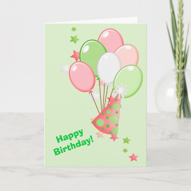 Tarjeta de globos de cumpleaños verde y rosa (Anverso)