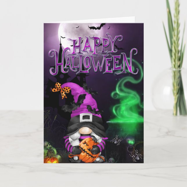 Tarjeta de gnomo bruja feliz Halloween (Anverso)