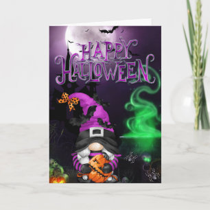 Tarjeta de gnomo bruja feliz Halloween
