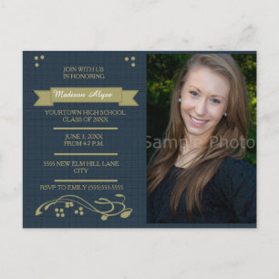 Tarjeta de graduación con foto azul y verde musgo
