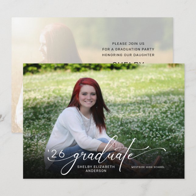 Tarjeta de graduación con foto horizontal Modern S (Anverso / Reverso)