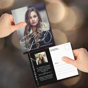 Tarjeta de graduación con guión elegante y foto