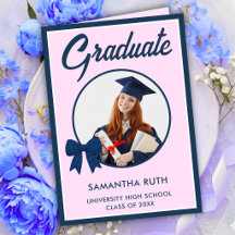 Tarjeta de graduación con lazo de gingham azul mar