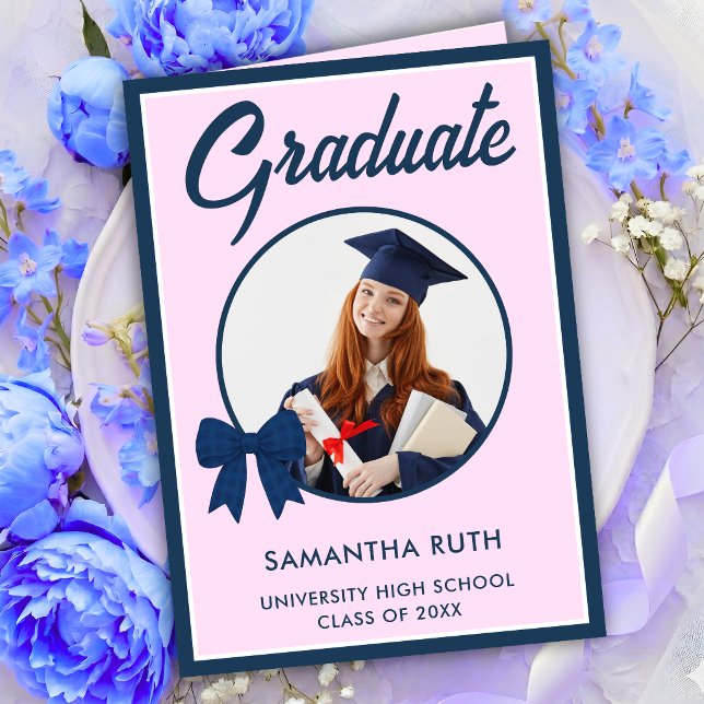 Tarjeta de graduación con lazo de gingham azul mar (Subido por el creador)
