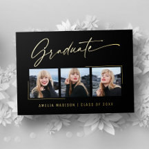 Tarjeta de graduación con tinta dorada y caligrafí