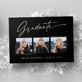 Tarjeta de graduación con tinta dorada y caligrafí