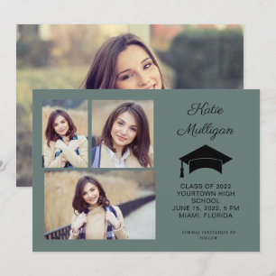 Tarjeta de graduación de 2 caras verde para 4 foto
