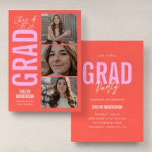 Tarjeta de graduación de 3 fotos rosa y naranja de