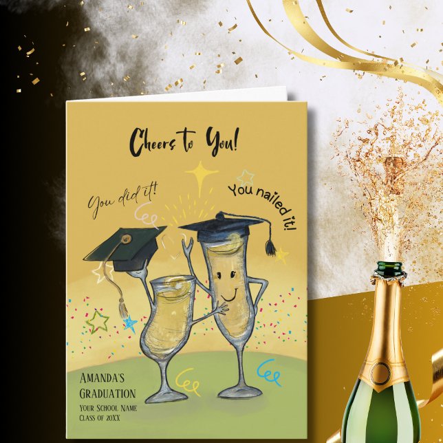 Tarjeta de graduación de copas de champán con Chee (Funny Cheers Champagne Glasses Graduation Card (2))