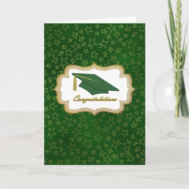 Tarjeta de graduación de estrellas verdes y dorada (Anverso)