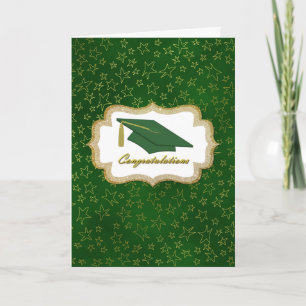 Tarjeta de graduación de estrellas verdes y dorada