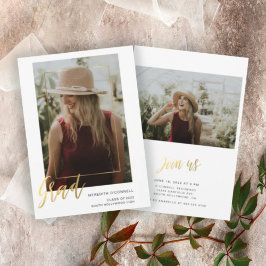 Tarjeta de graduación de foto con guión dorado min