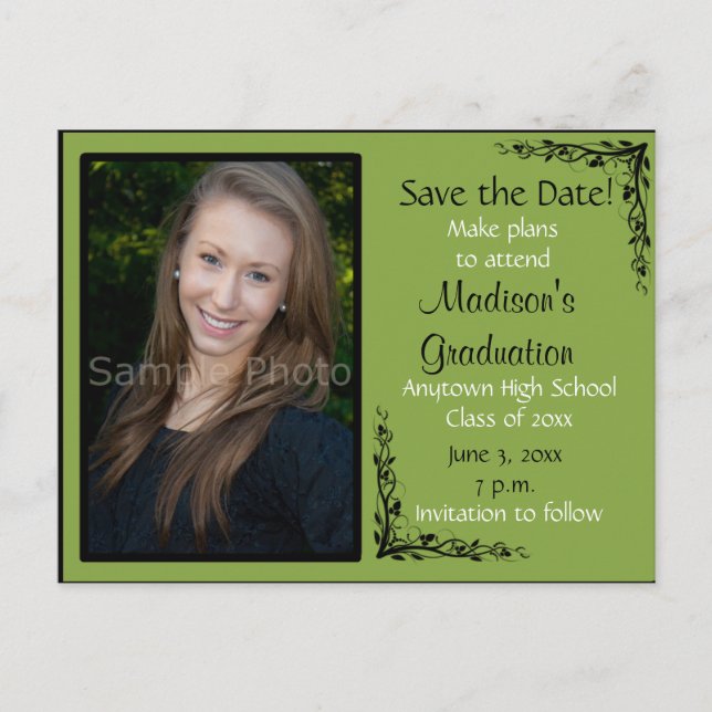 Tarjeta de graduación de foto personalizada verde  (Anverso)