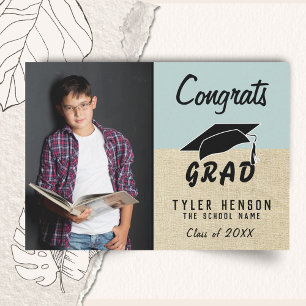 Tarjeta de graduación de foto rústica azul de feli