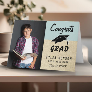 Tarjeta de graduación de foto rústica azul de feli