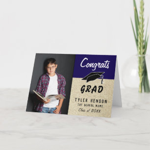Tarjeta de graduación de foto rústica azul de feli