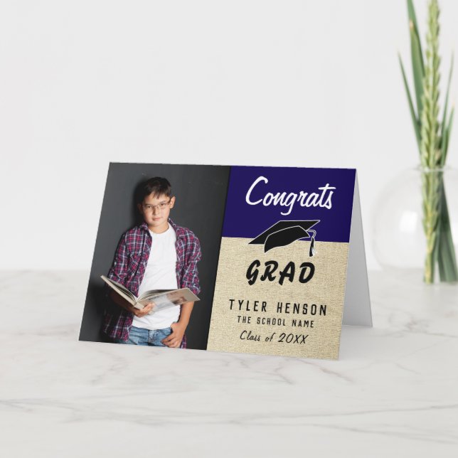 Tarjeta de graduación de foto rústica azul de feli (Anverso)