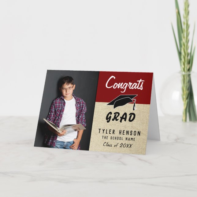 Tarjeta de graduación de foto rústica roja de feli (Anverso)