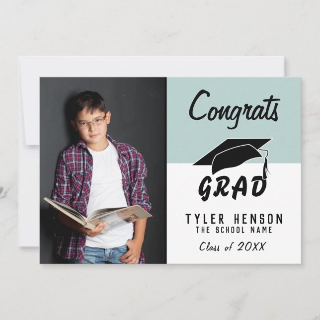 Tarjeta de graduación de fotografía azul moderna p (Anverso)