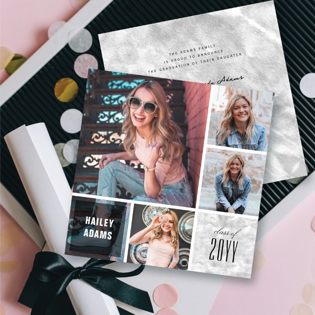 Tarjeta de graduación de Moda de 4 plazas de Relie (4 Photo Collage Silver Foil Squares Chic Graduation Announcement Card @ zazzle.com/color_therapy)