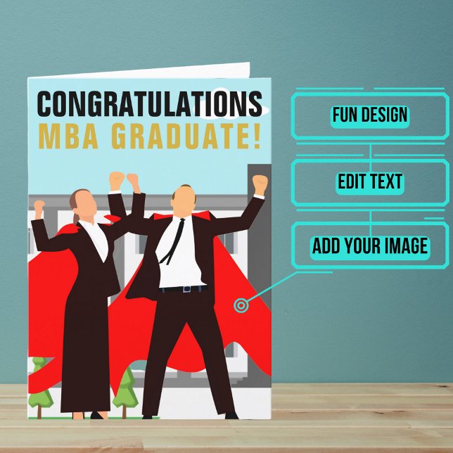 Tarjeta de graduación de negocios MBA (The design features two MBA graduates ready to rule the world.)