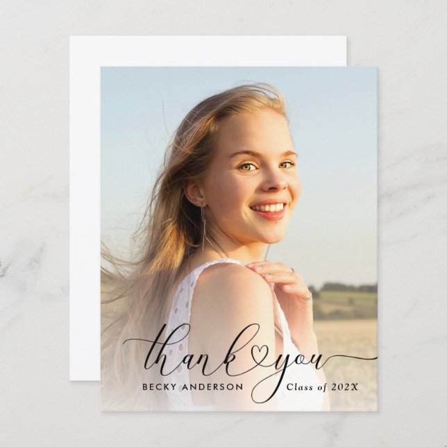 tarjeta de graduación de script de corazón gracias (Anverso / Reverso)