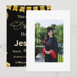 Tarjeta de Graduación Elegante de Negro y Dorado |