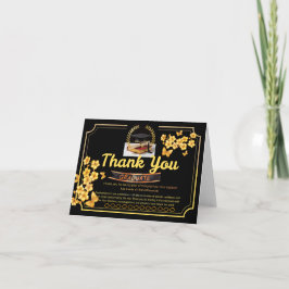 Tarjeta de graduación elegante negra y dorada, gra