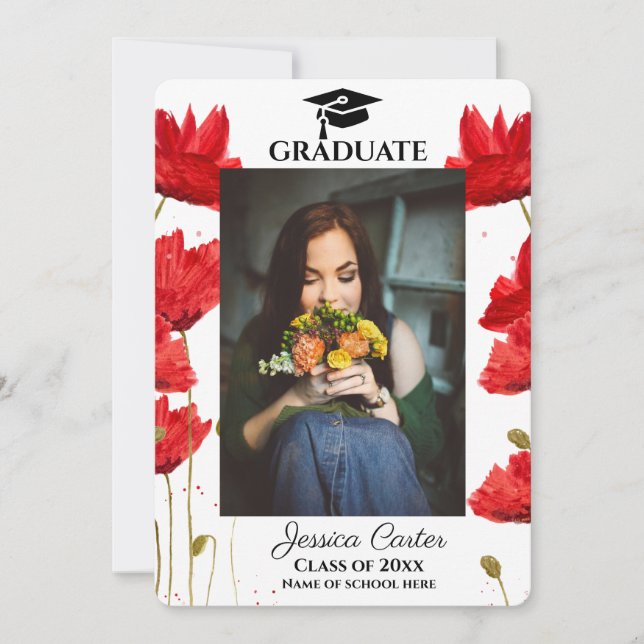 Tarjeta de graduación floral rústica Amapolas Roja (Anverso)