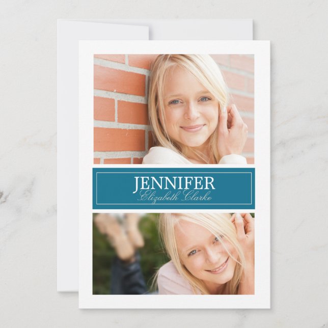 Tarjeta de graduación fotográfica azul y blanca (Anverso)