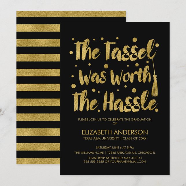Tarjeta de graduación Gold & Black Tassel (Anverso / Reverso)