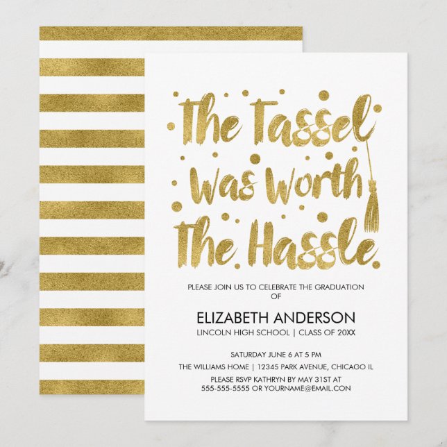 Tarjeta de graduación Gold & White Tassel (Anverso / Reverso)
