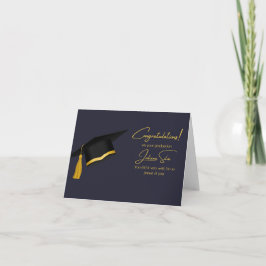 Tarjeta de graduación moderna en negro y oro con u