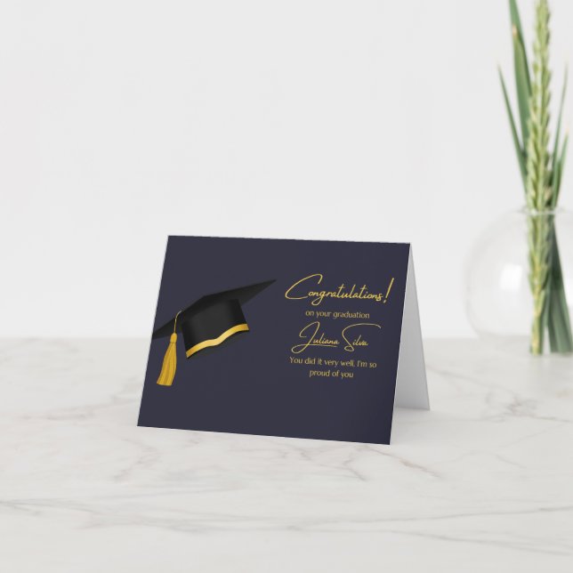 Tarjeta de graduación moderna en negro y oro con u (Anverso)