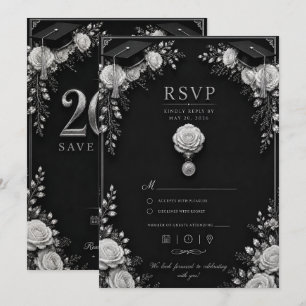 Tarjeta de Graduación Negro Plateado 2026 con RSVP